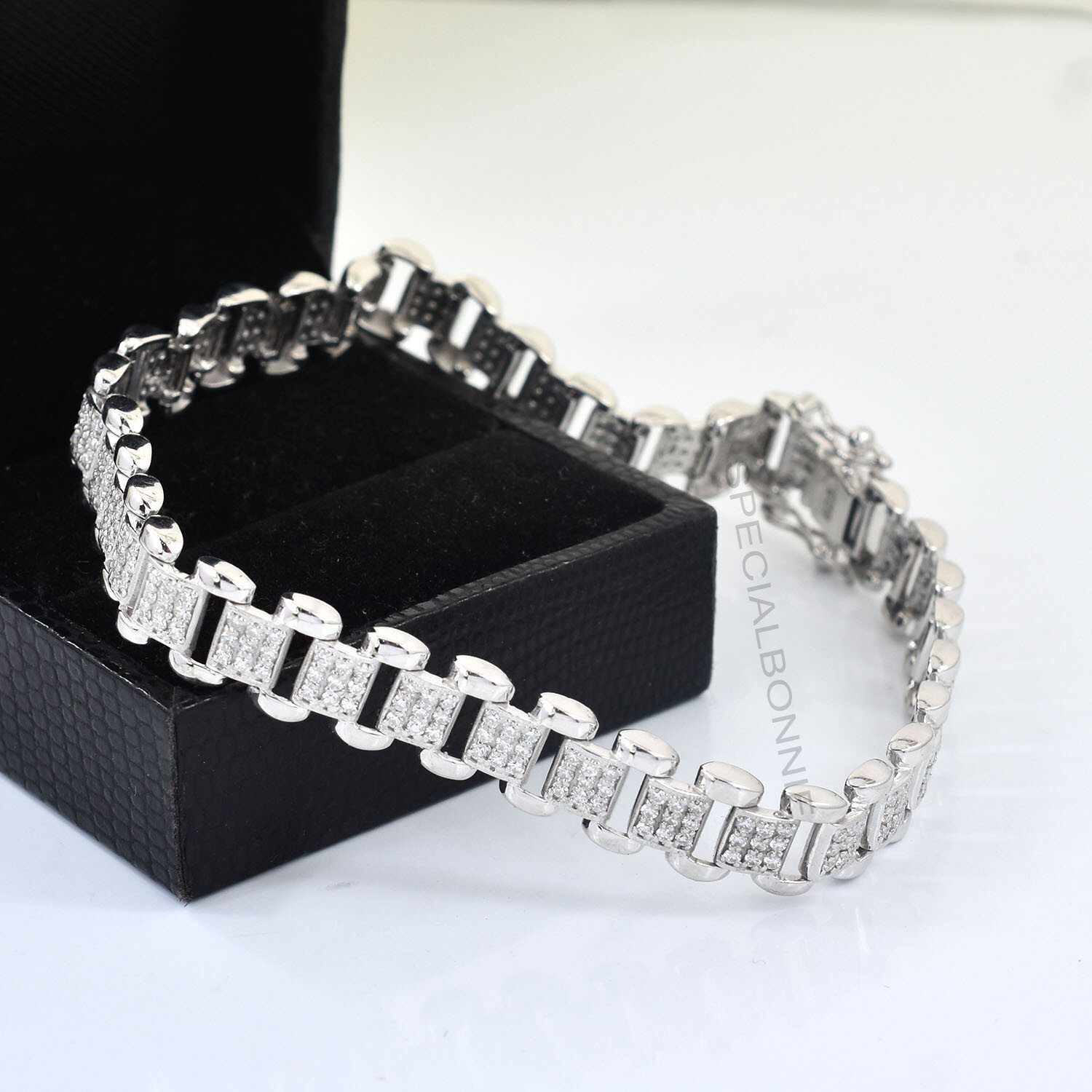 Certified 3Ct Diamonds Men’s Link Bracelet in 925 Silver, Great luster & Sparkle