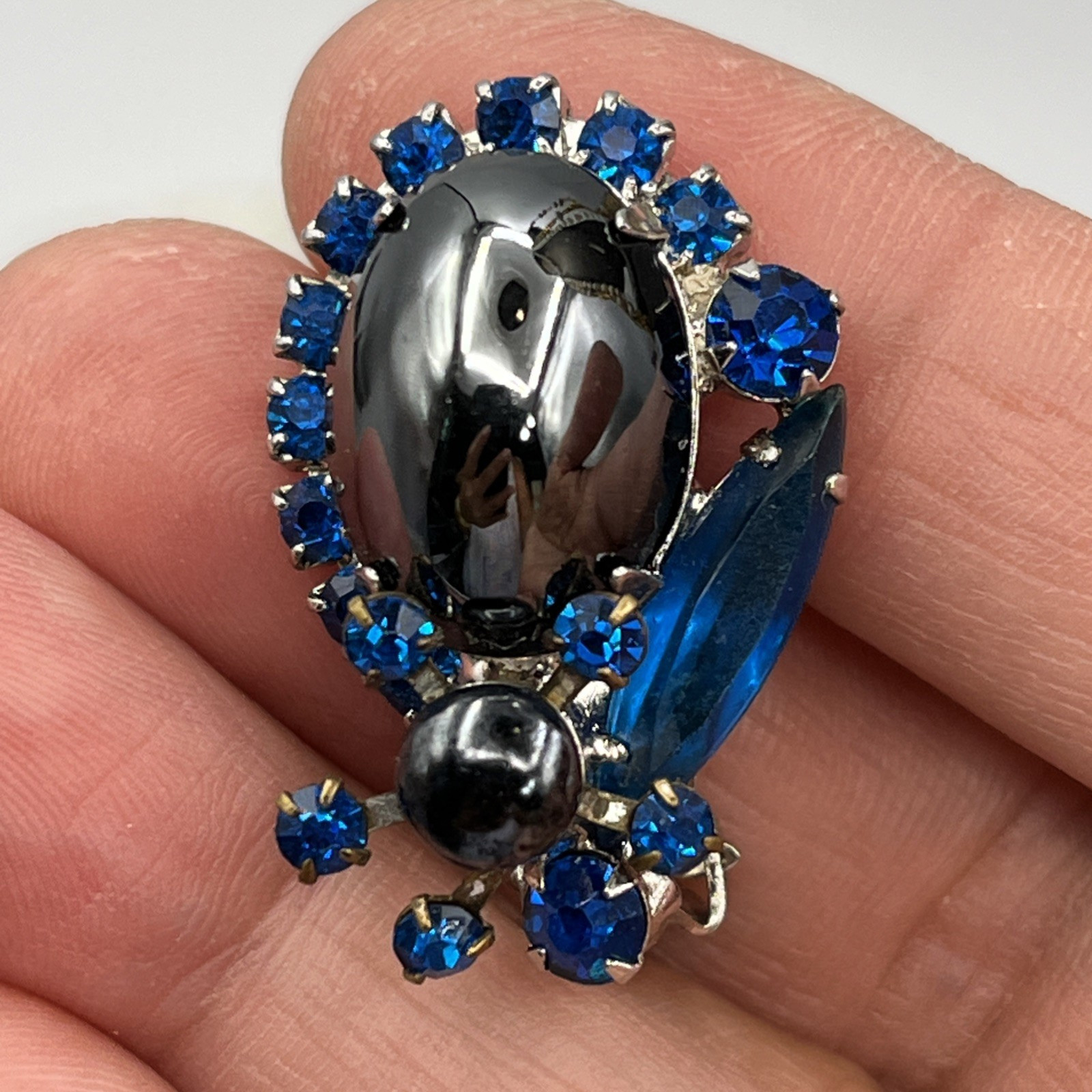 Juliana Earrings Hematite Glass Cabochon AB Earrings 1.25″ Silver Tone