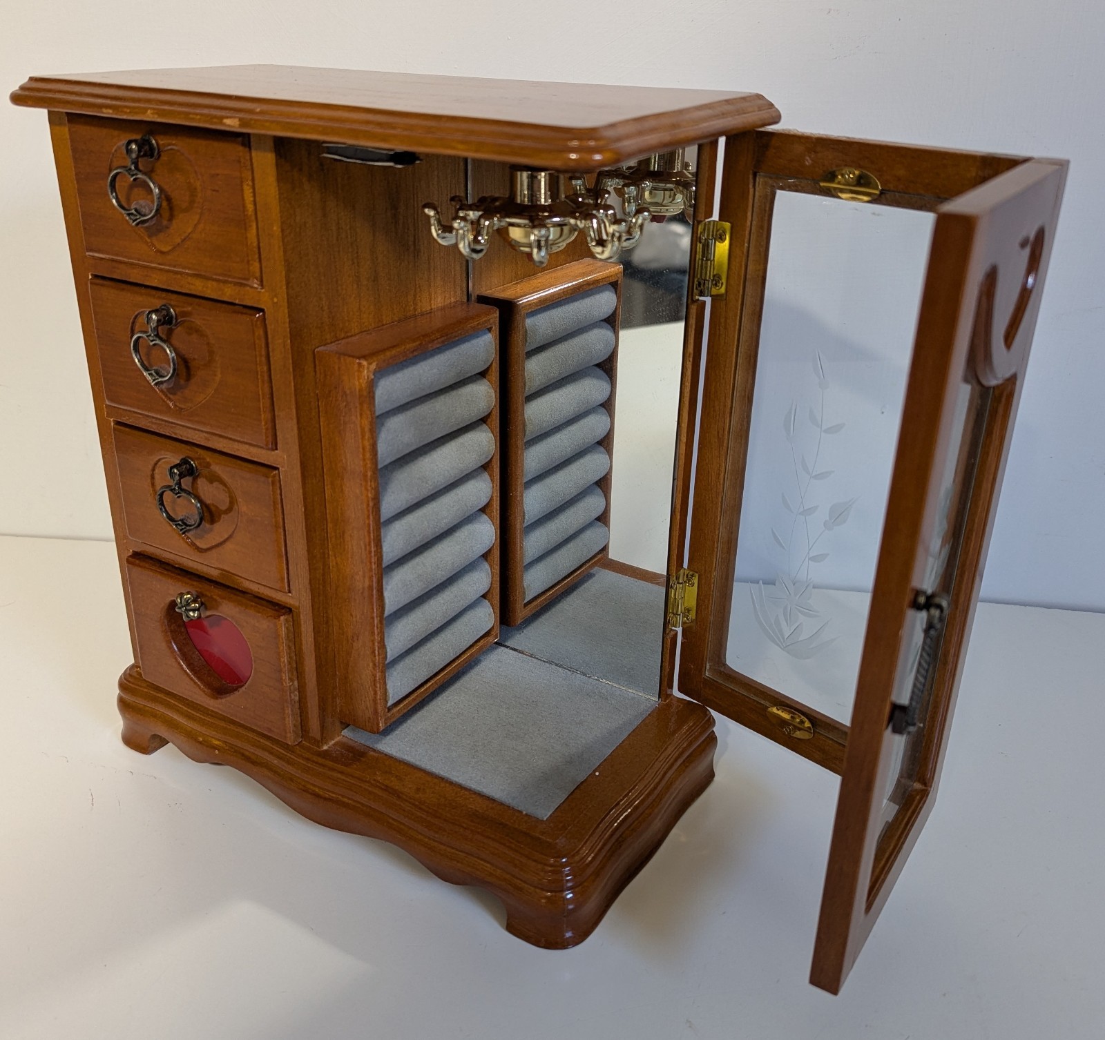 Vintage Wooden Maple Jewelry Box Armoire Style Swinging Door Etcched Glass