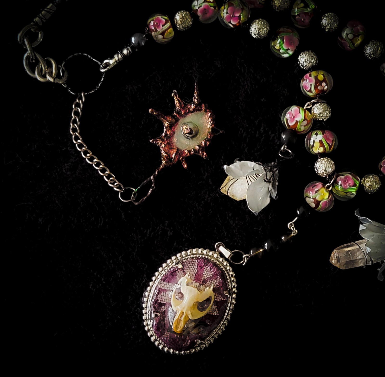 Handcrafted Necklace, Earring Set- Upcycled Vintage Beads, Animal Bones, Quartz