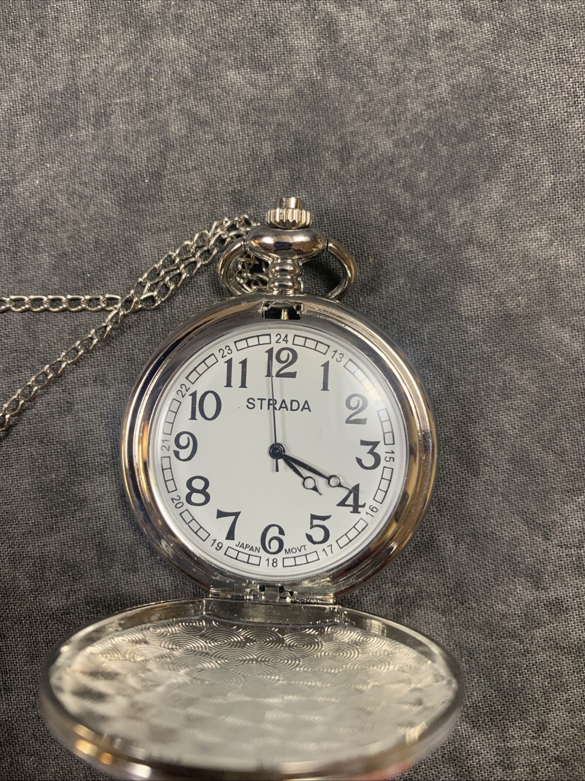 Strada Pocket Watch Necklace Silver Case & 26” Necklace Floral Painted Top W/Box