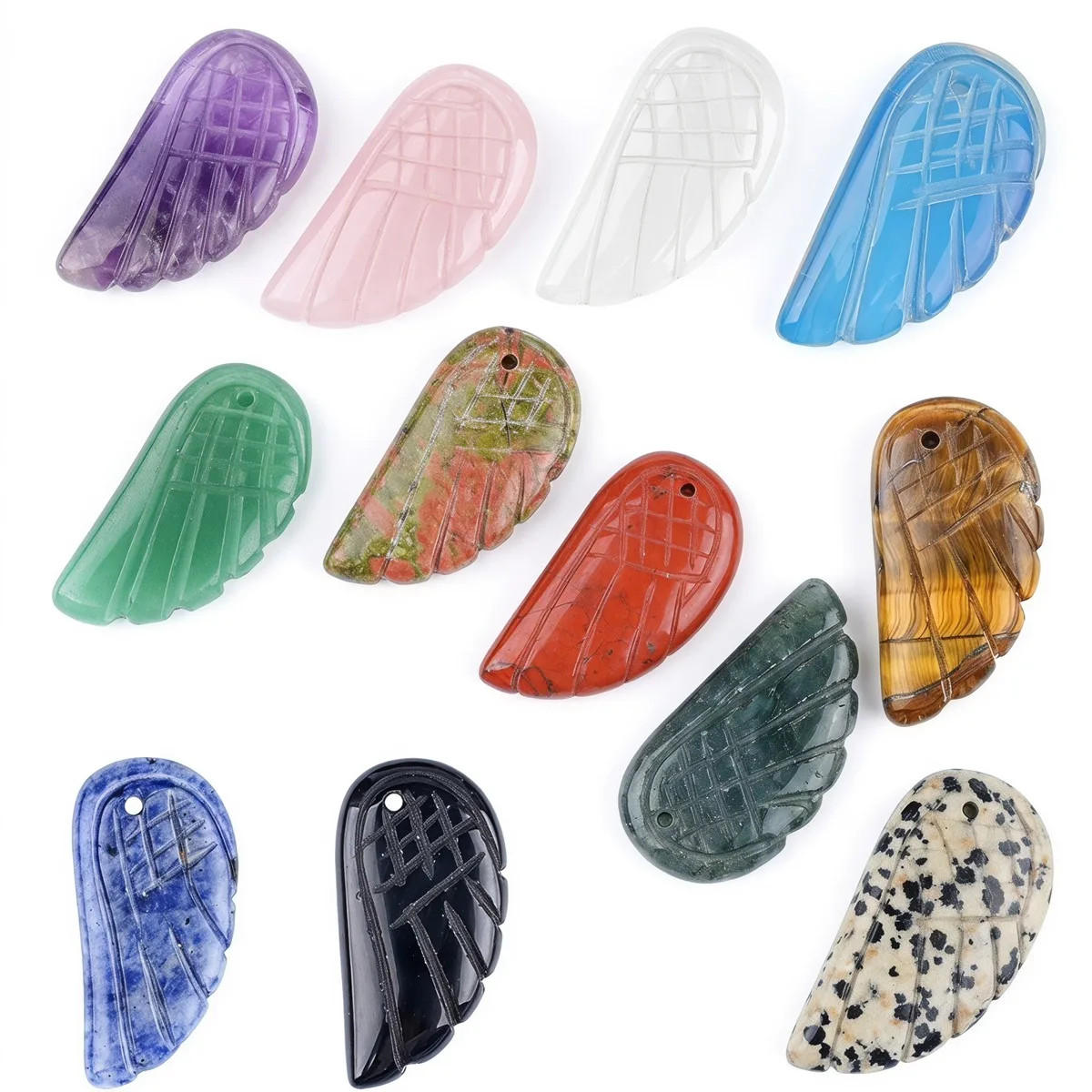 6PCS 16x30mm Angel Wing Carved Stone Pendant DIY Jewelry Necklace Making Charm