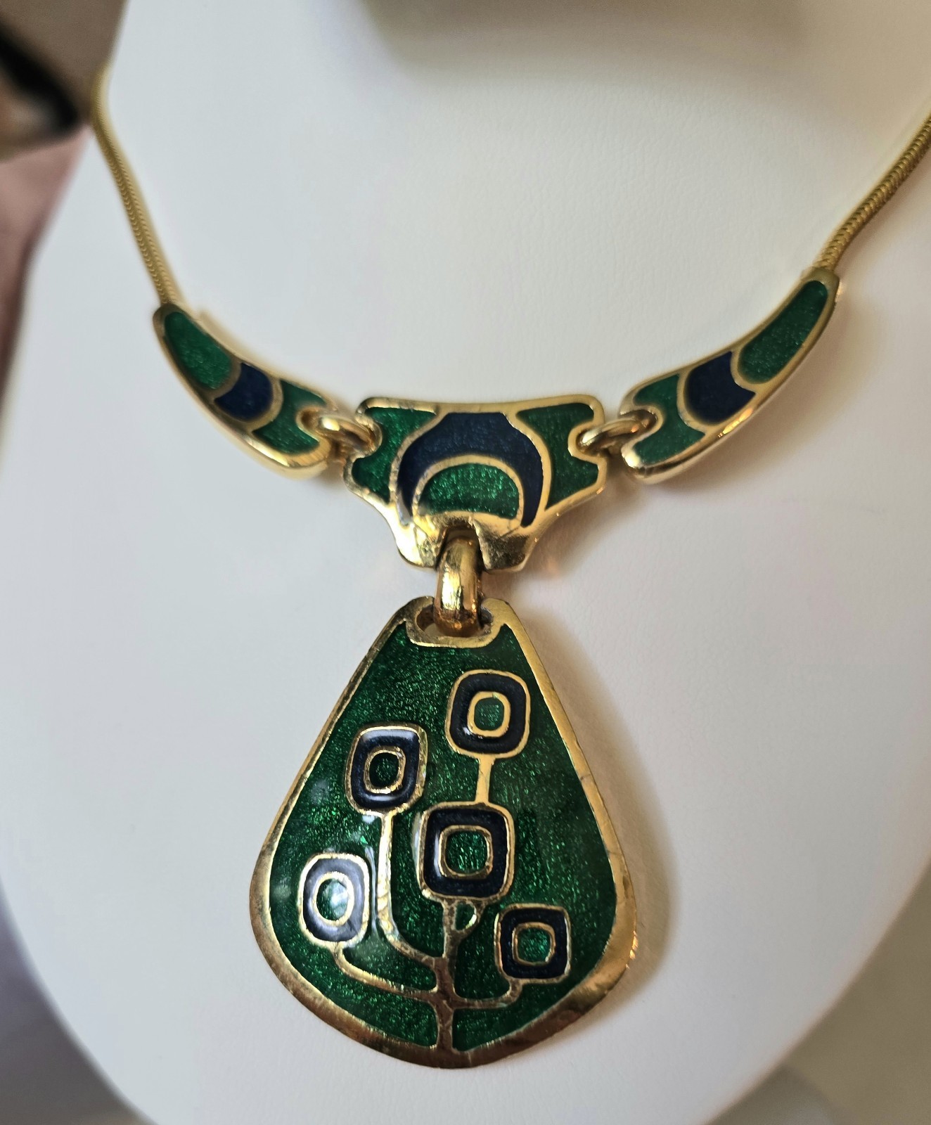 Vintage 1970s Blue & Green Enamel Gold Tone Collar Necklace, made in Thailand