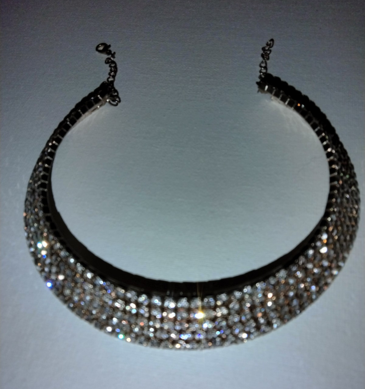 Silver Tone Crystal Rhinestone Statement Choker Necklace, Clear Round Stones
