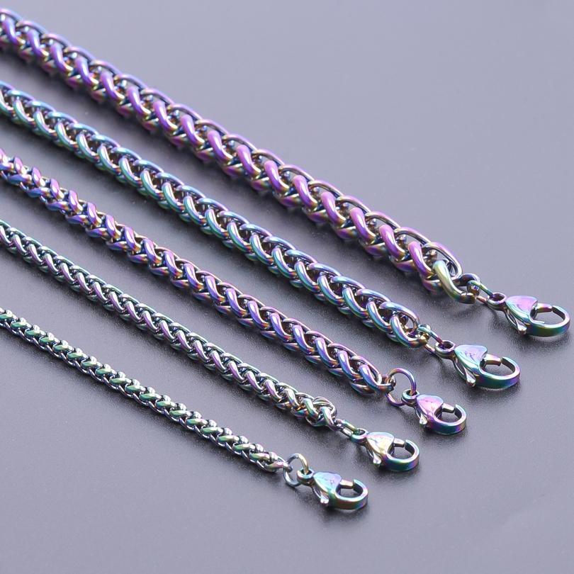 Braided Wheat Link 3-7mm Mens Chain Rainbow Stainless Steel Necklace Gift