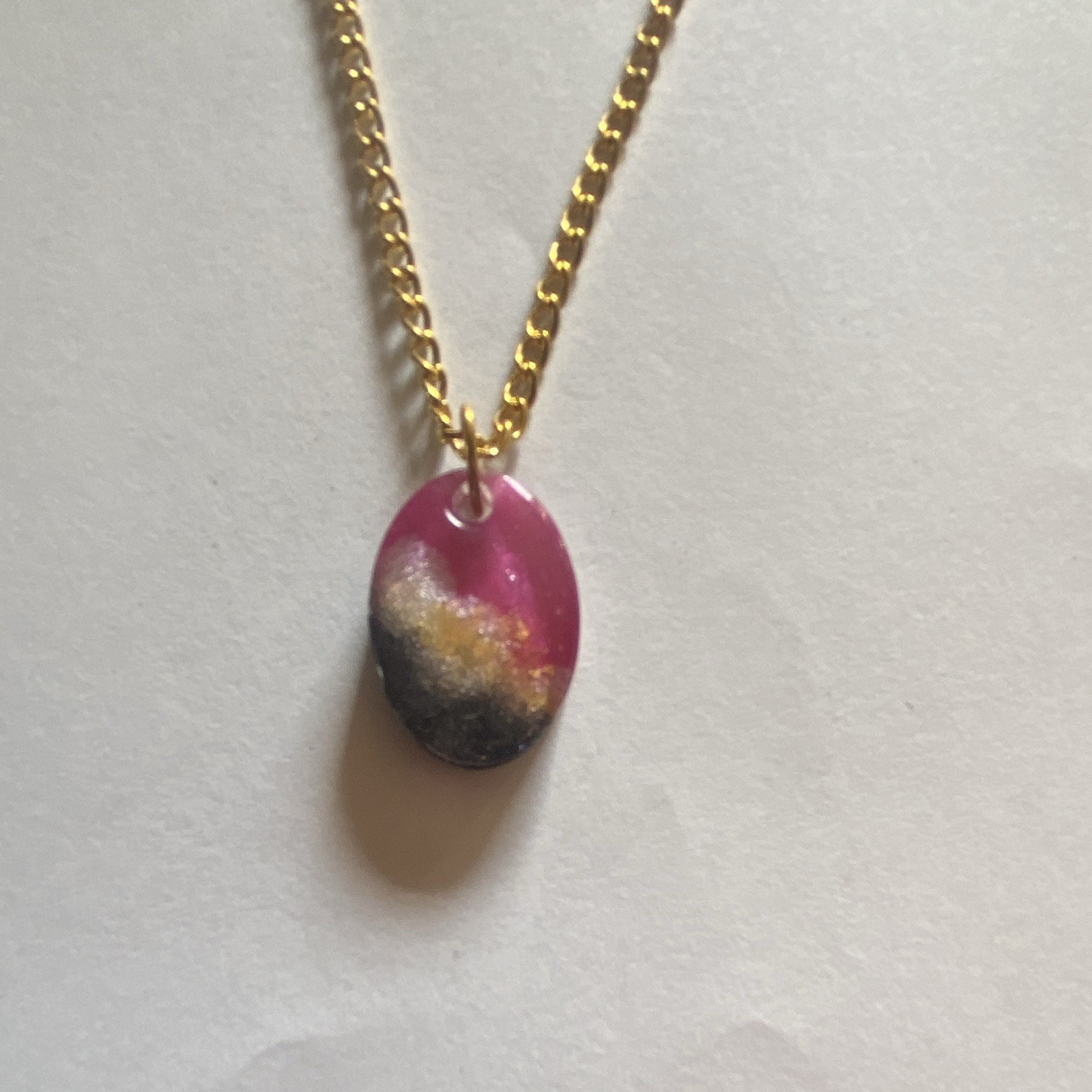 Gold-Tone Chain Necklace Pink/ Black / White Resin Charm Pendant HOMEMADE Lot# 7