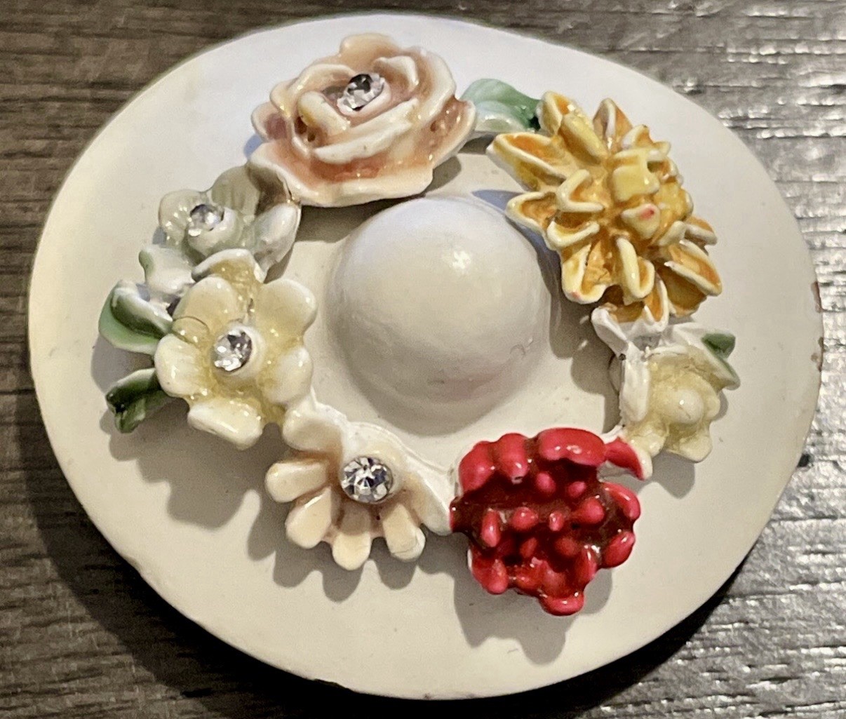 VTG Signed BSK “My Fair Lady” Off White Hat w/Ceramic Flowers Enamel Brooch Pin