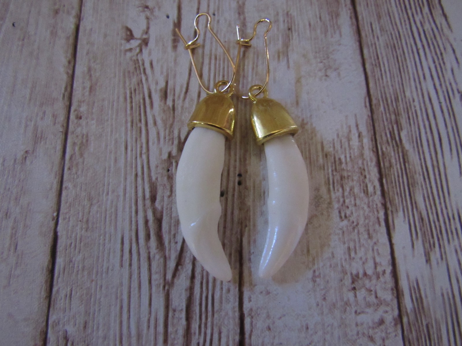 Coyote Teeth Earrings Dangle Animal Bone Jewelry Gold Kidney