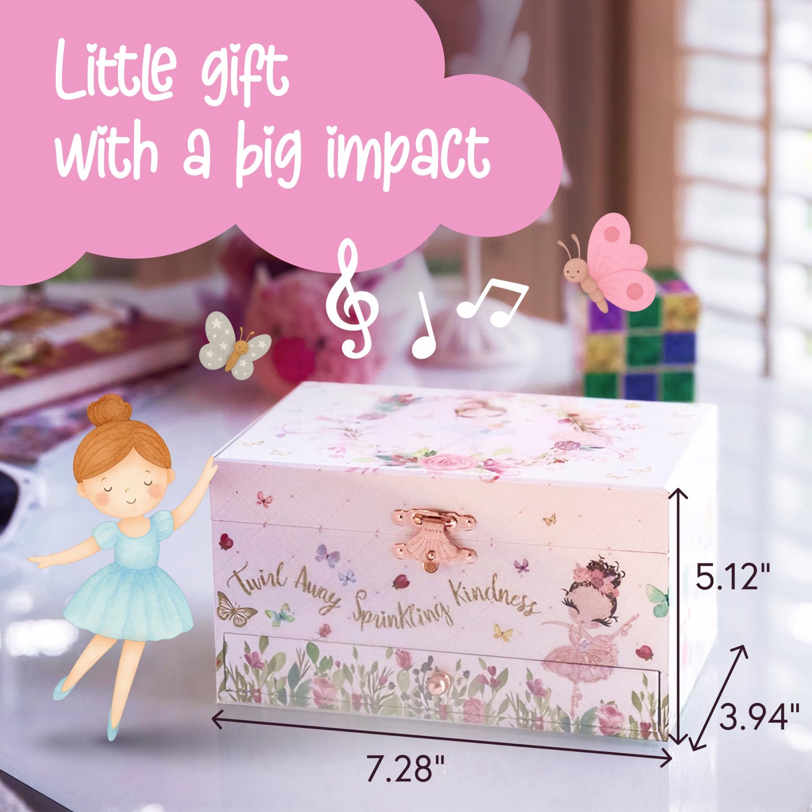 Ballerina Musical Jewelry Box with Storage Organizer for Kids Ages 6-12 MDF Wood