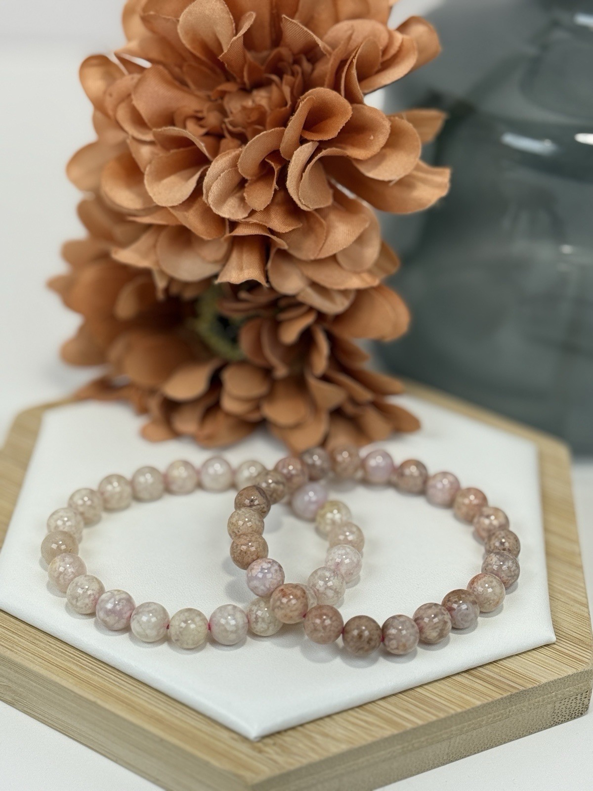 Flower Agate Pink Bead Bracelet 8MM Set Of 2