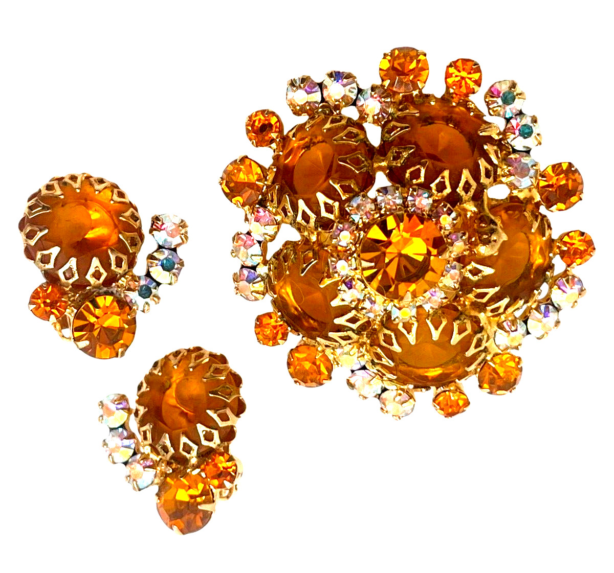Spectacular Topaz, Orange & AB Rhinstone Juliana D&E Domed Brooch & Earring Set