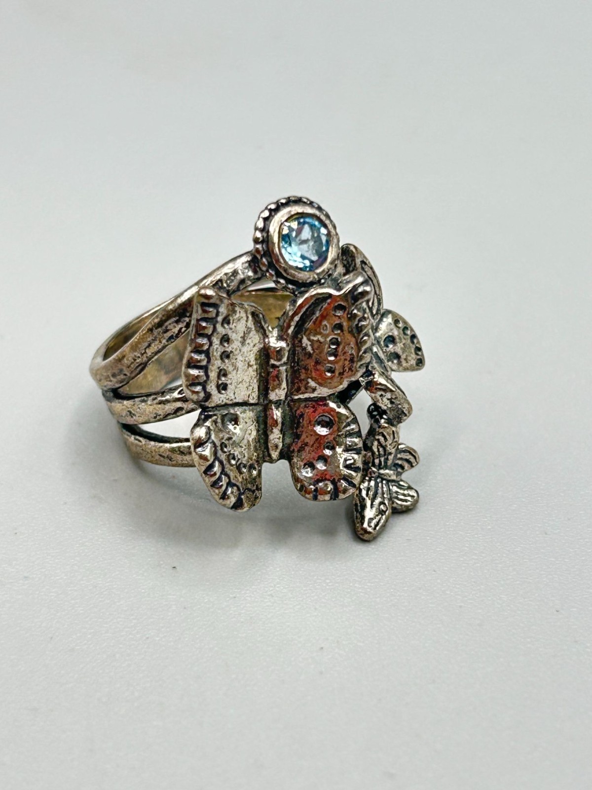 Vintage PZ Paz Creations Ring Size 7 Butterfly Blue Topaz Silver 925 Israel