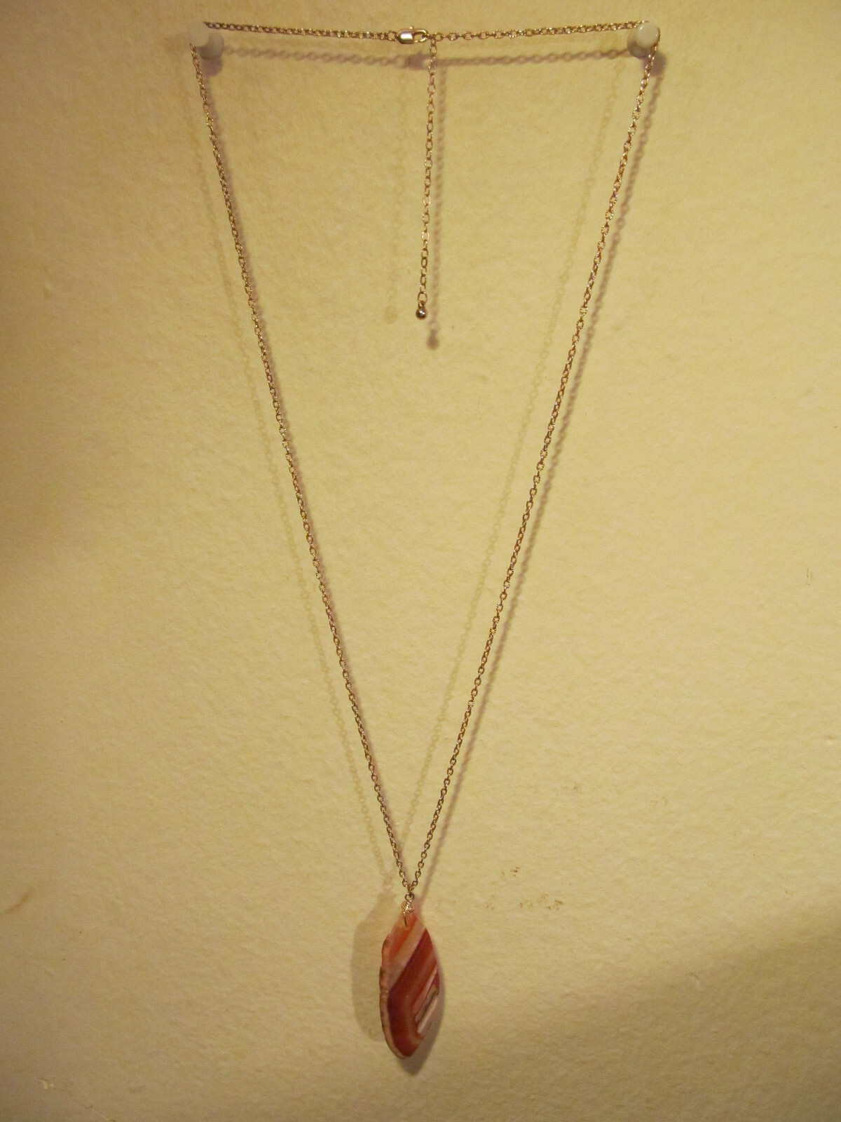Vintage Gold tone Brown-Orange AGATE stone Long Hammered chain Necklace 15.7g