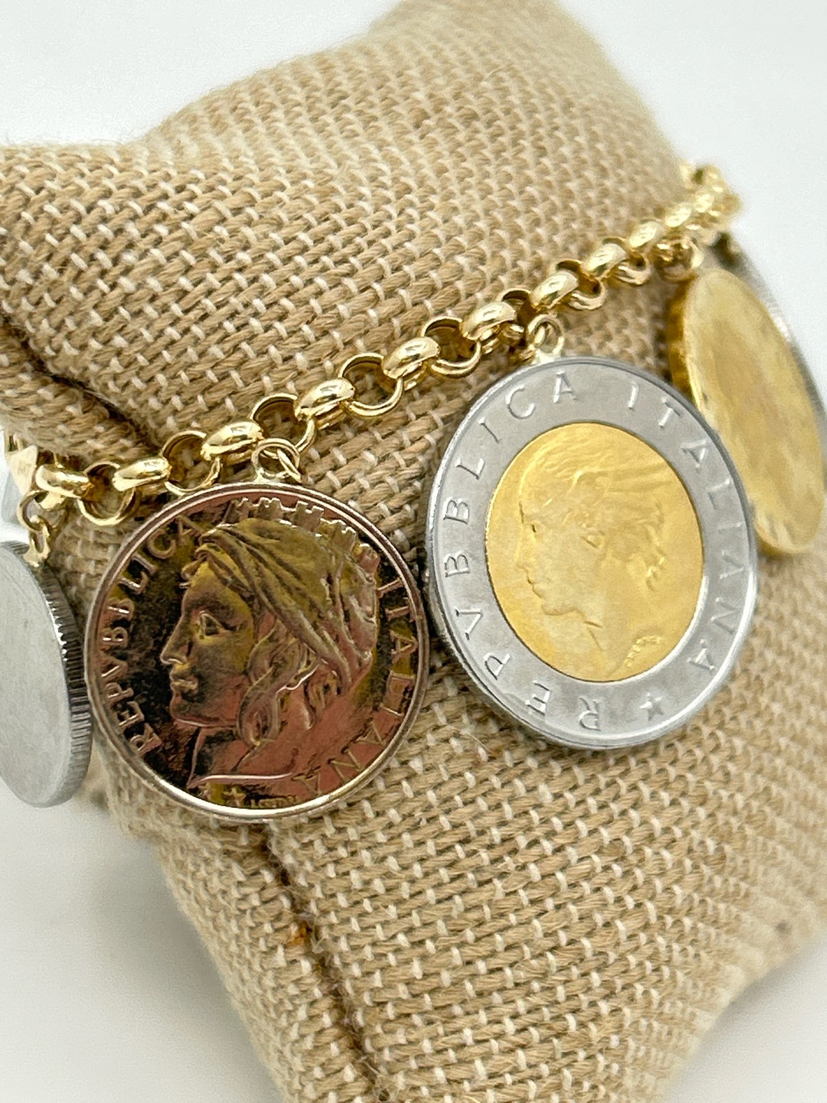 Vintage Milor Lira Coin 14K Gold Silver Charm 6.5″ Stamped Bracelet Made Italy