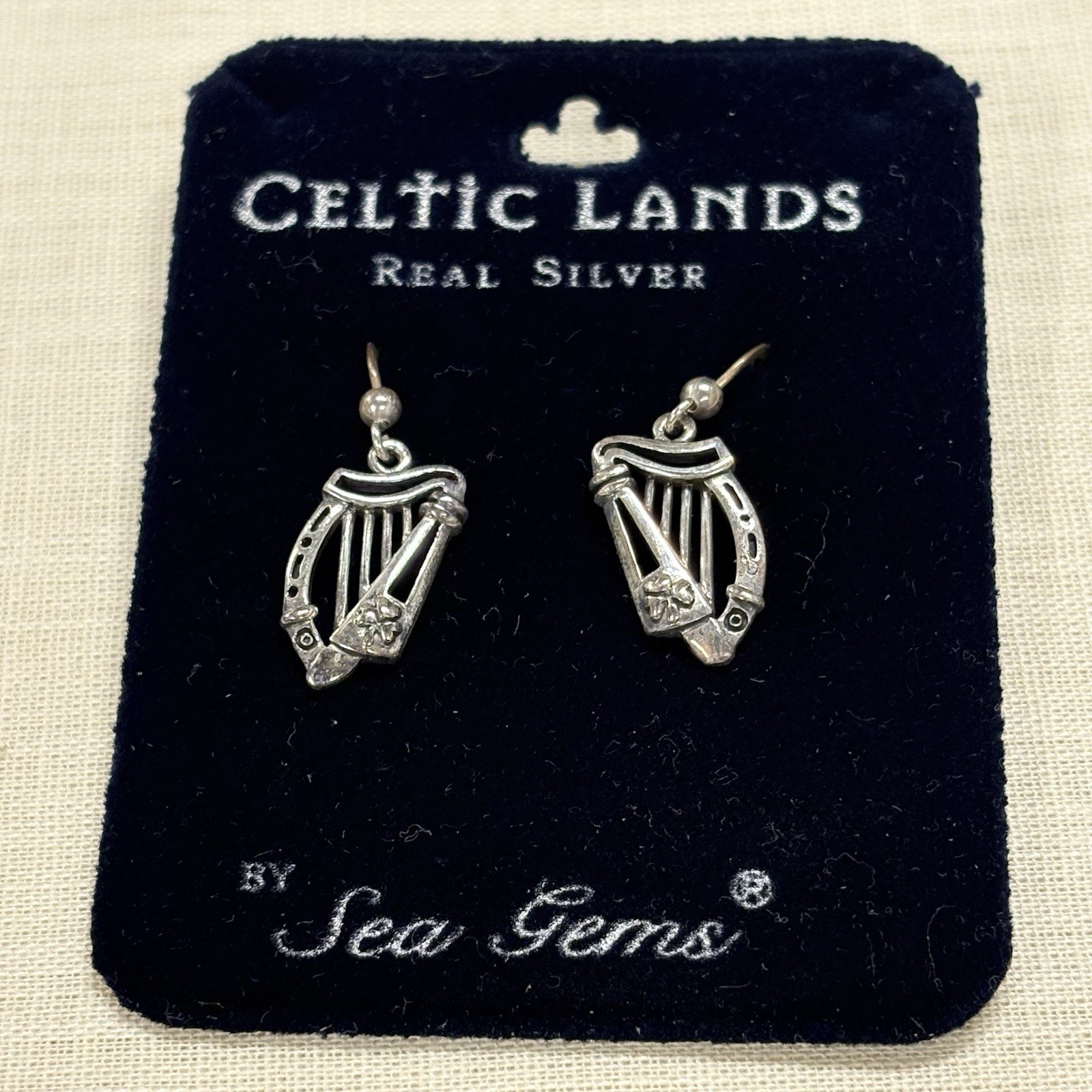 Vintage Set of CELTIC LANDS Real Sterling Silver 925 “Sea Gems” Harp Earrings