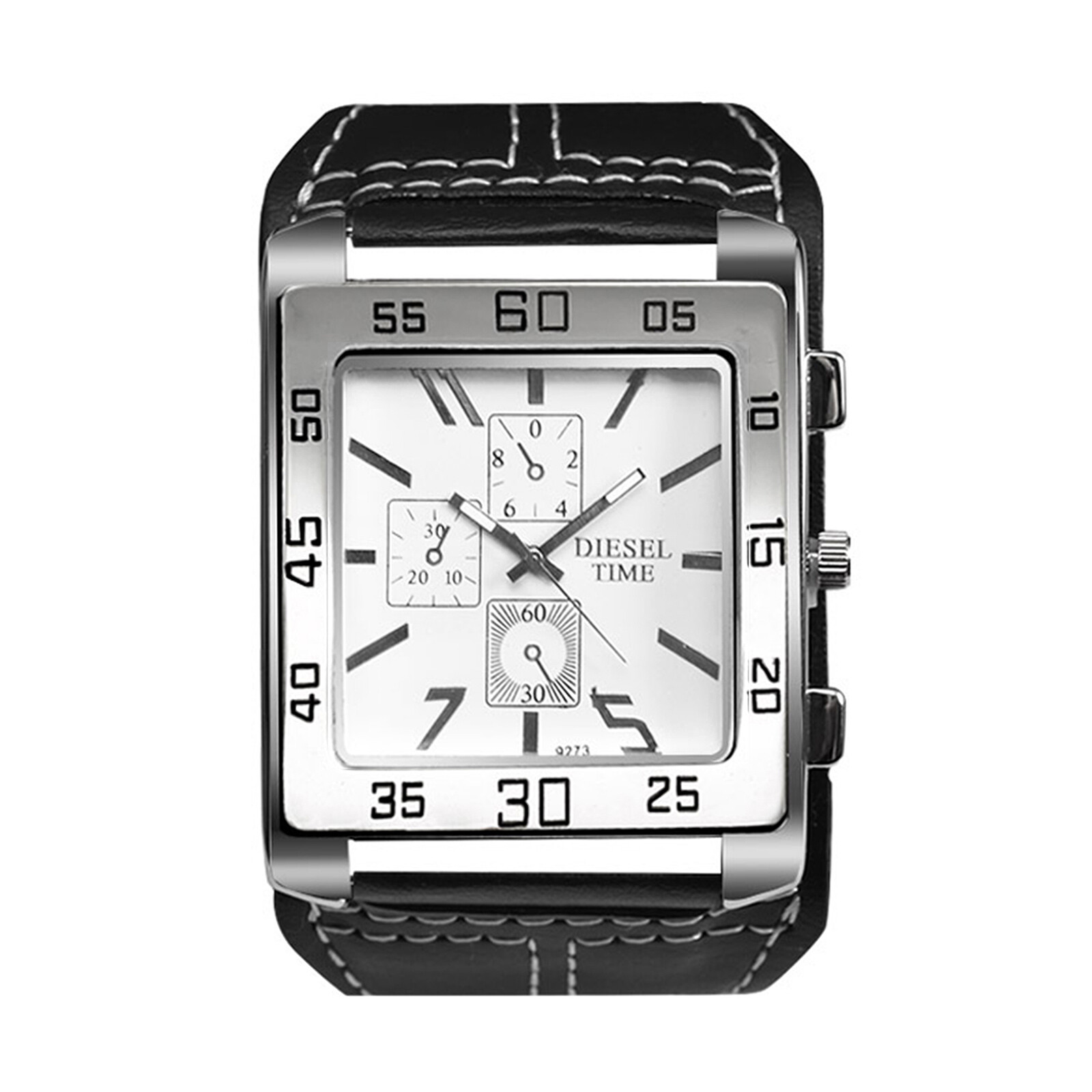 Mens Punk Wide Leather Cuff Band Big Square Dial Analog Quartz Biker Wrist Watch