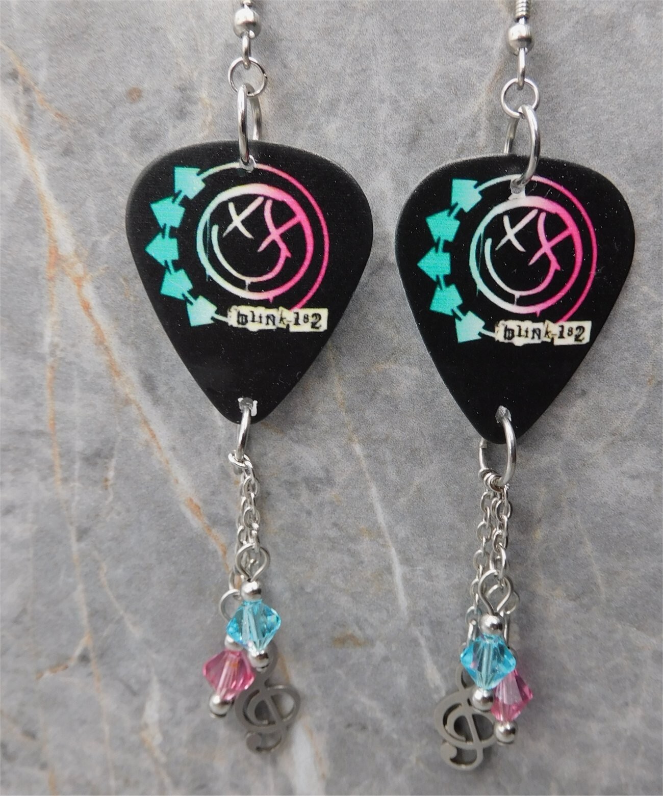 Blink 182 Self Titled Album Black Guitar Pick Earrings with Swarovski Dangles