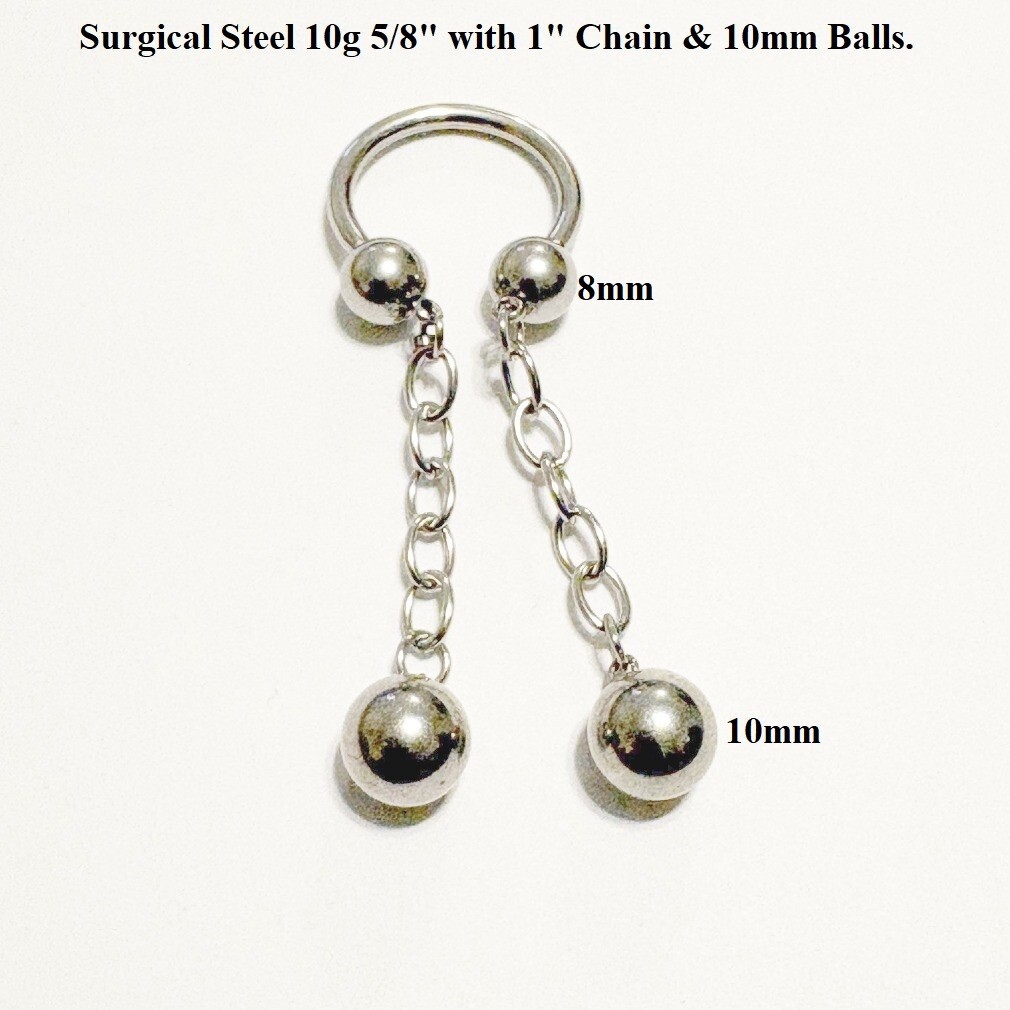 8, 10 & 12mm Balls n Chain PA Horseshoe Surgical Steel 10g 5/8″ Diameter.