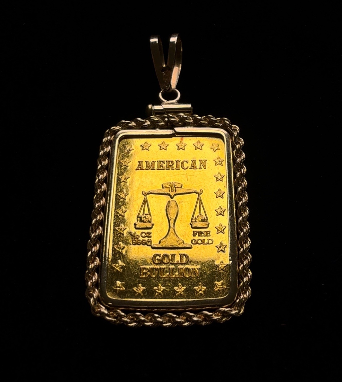 Vintage American Gold Bullion 1/10oz .999 Fine Gold Bar in 14k Rope Bezel 4.95g