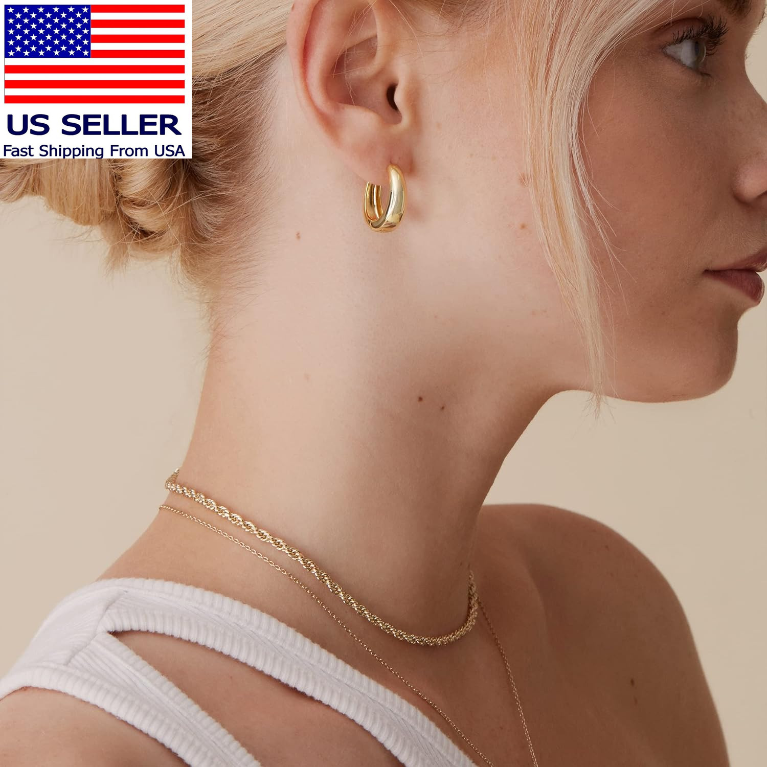 14K Gold Plated 925 Sterling Silver Post Small Chunky Hoops Earrings | Thick Lig