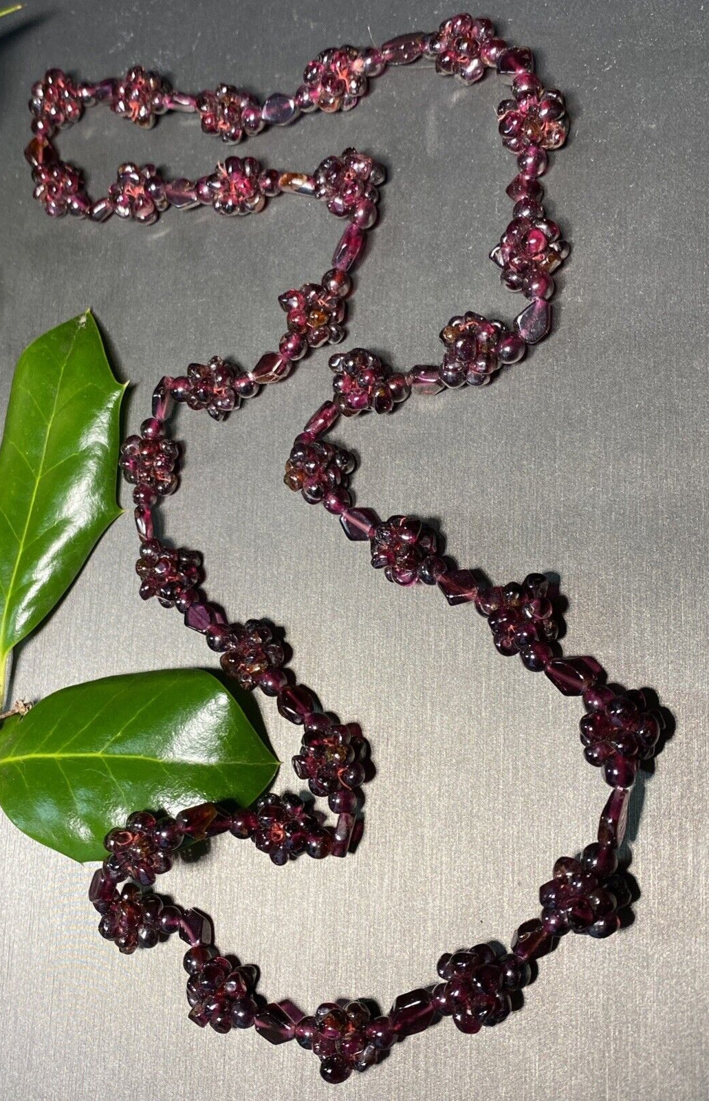 Genuine Almandine Garnet Unusual Cluster Station Bead Necklace Clasp-Free 35″