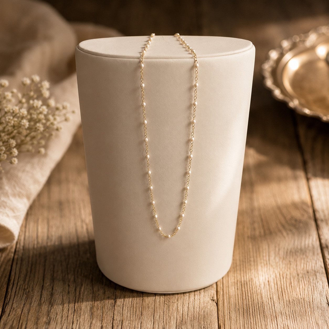 14K Yellow Gold White Bead Station Necklace 17 Inch 1.53g Fine Chain