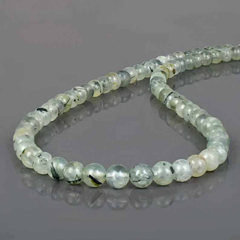 Natural Prehnite 6mm Round Beaded Necklace 925 Sterling Silver Handmade Gift 18″