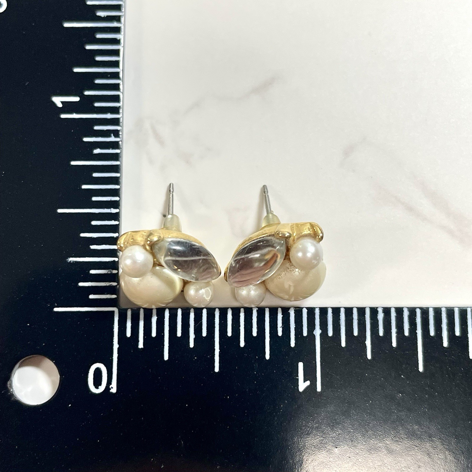 Vintage Signed Crown Trifari Pearl Crystal Cluster Stud Earrings Gold Tone Post