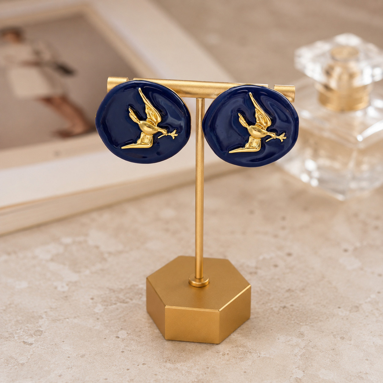 Schiaparelli Navy Blue Enamel Dove Stud Earrings Gold Peace Bird Oval Statement