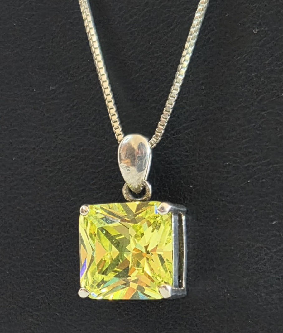 Sterling Silver 925 Lime Green Square CZ Pendant Necklace Box Chain Chartreuse