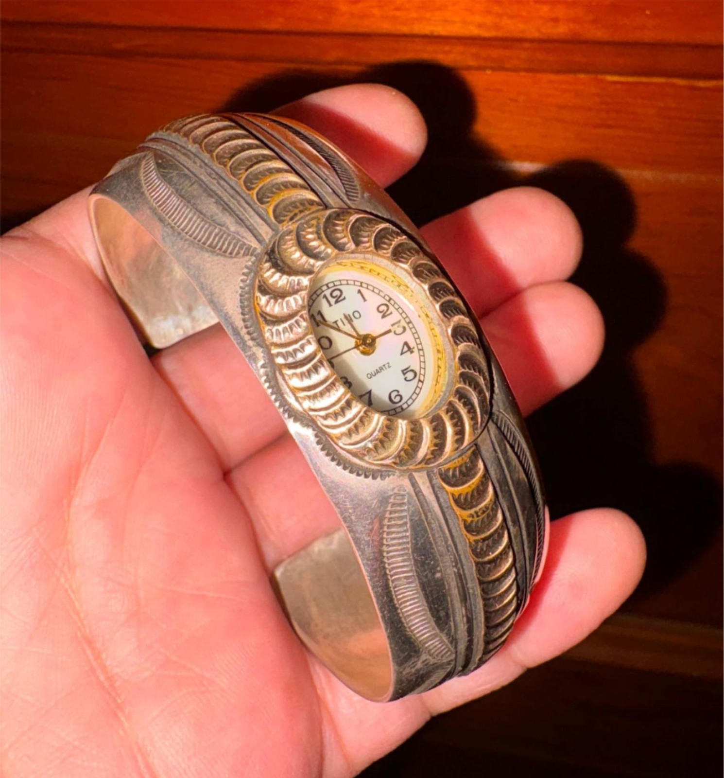 Navajo Carson Blackgoat Stamped Sterling Quartz Watch Bracelet