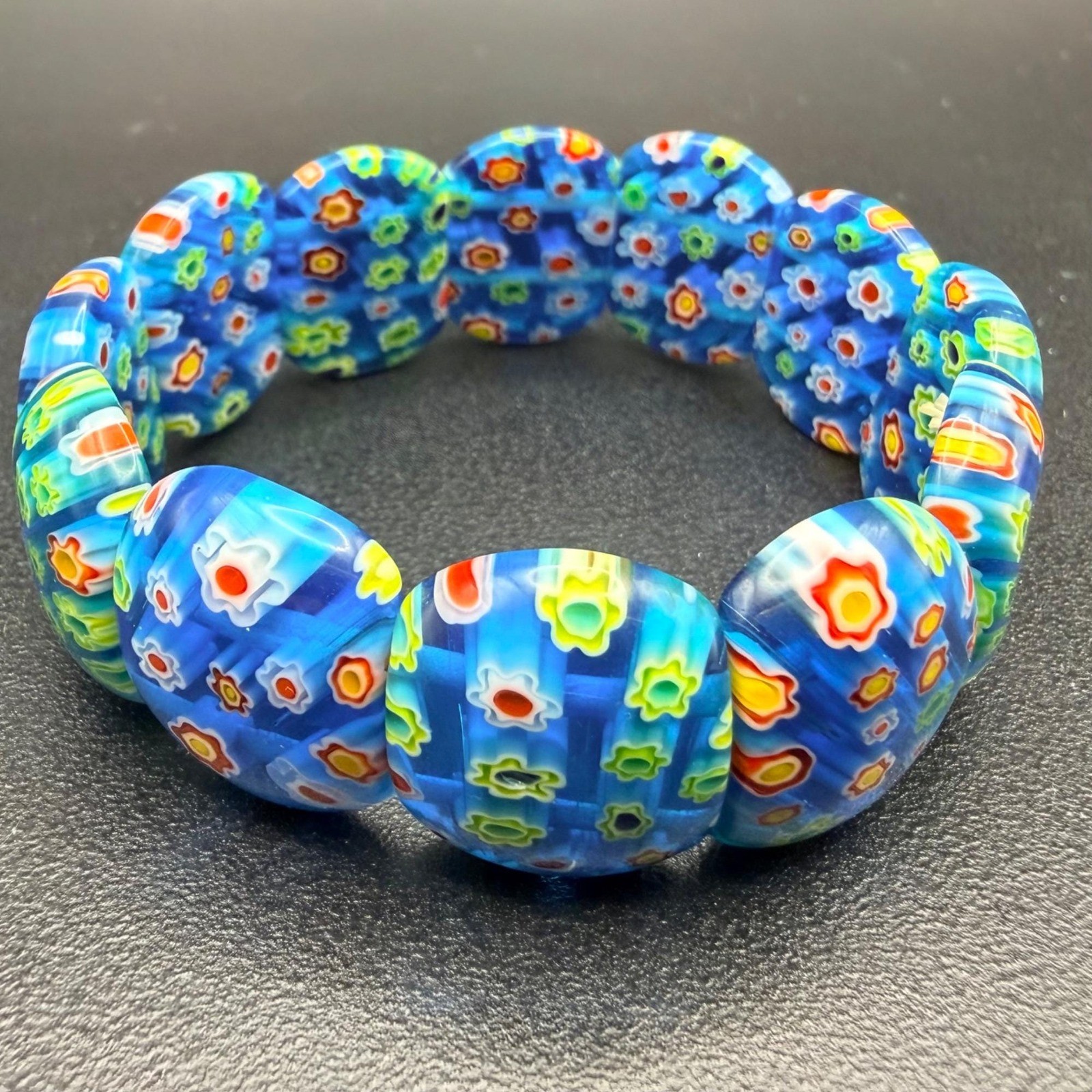 Millefiori Glass Stretch Bracelet Blue Floral Beads Vivid Colors 7″ Caned Glass