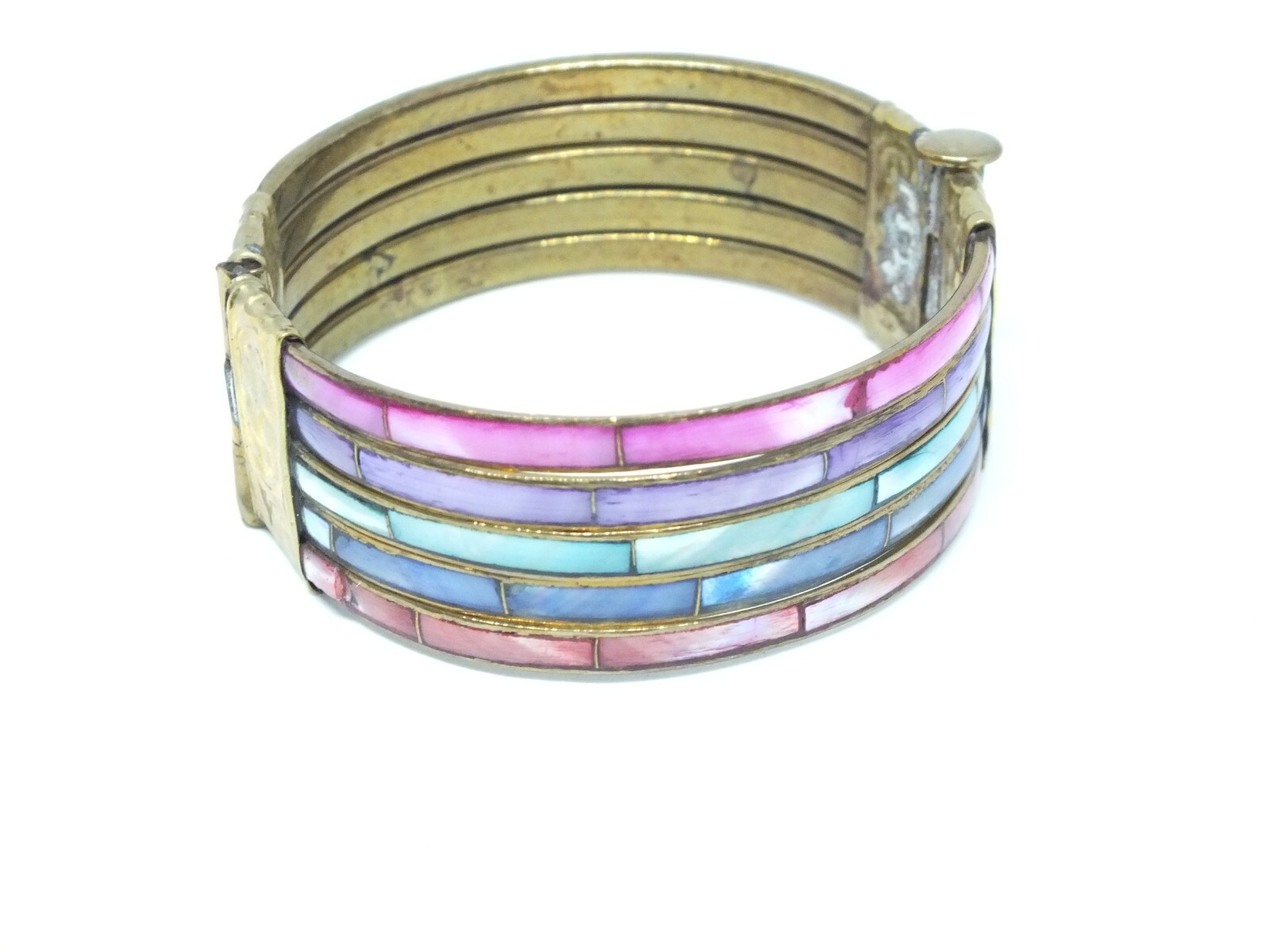 Beautiful Clasp Bracelet Gold Tone multi Inset 7/8″ W x 2 1/4″ Across ID NICE