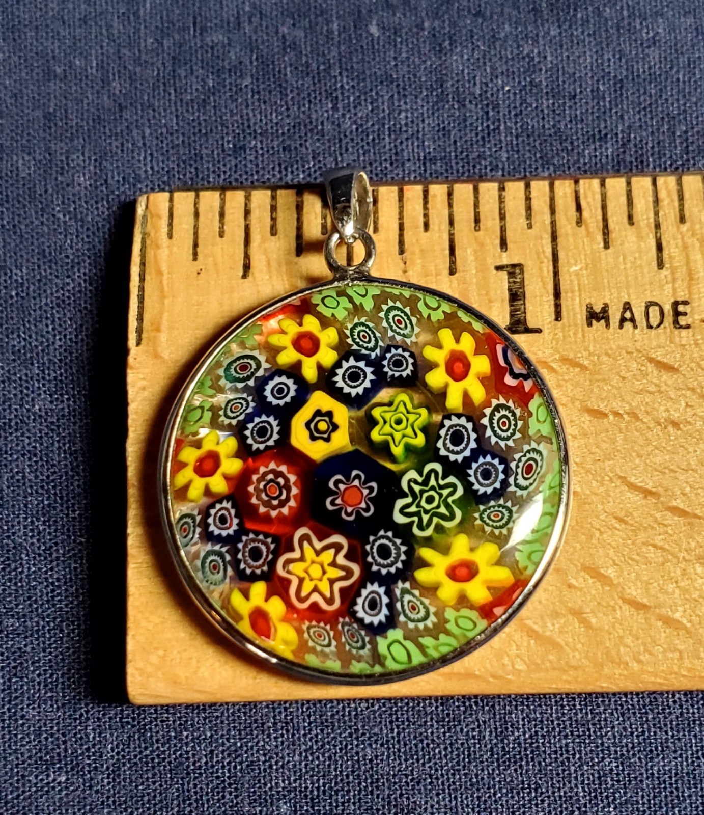 Vintage Millefiori flower pendant in Sterling Silver finding