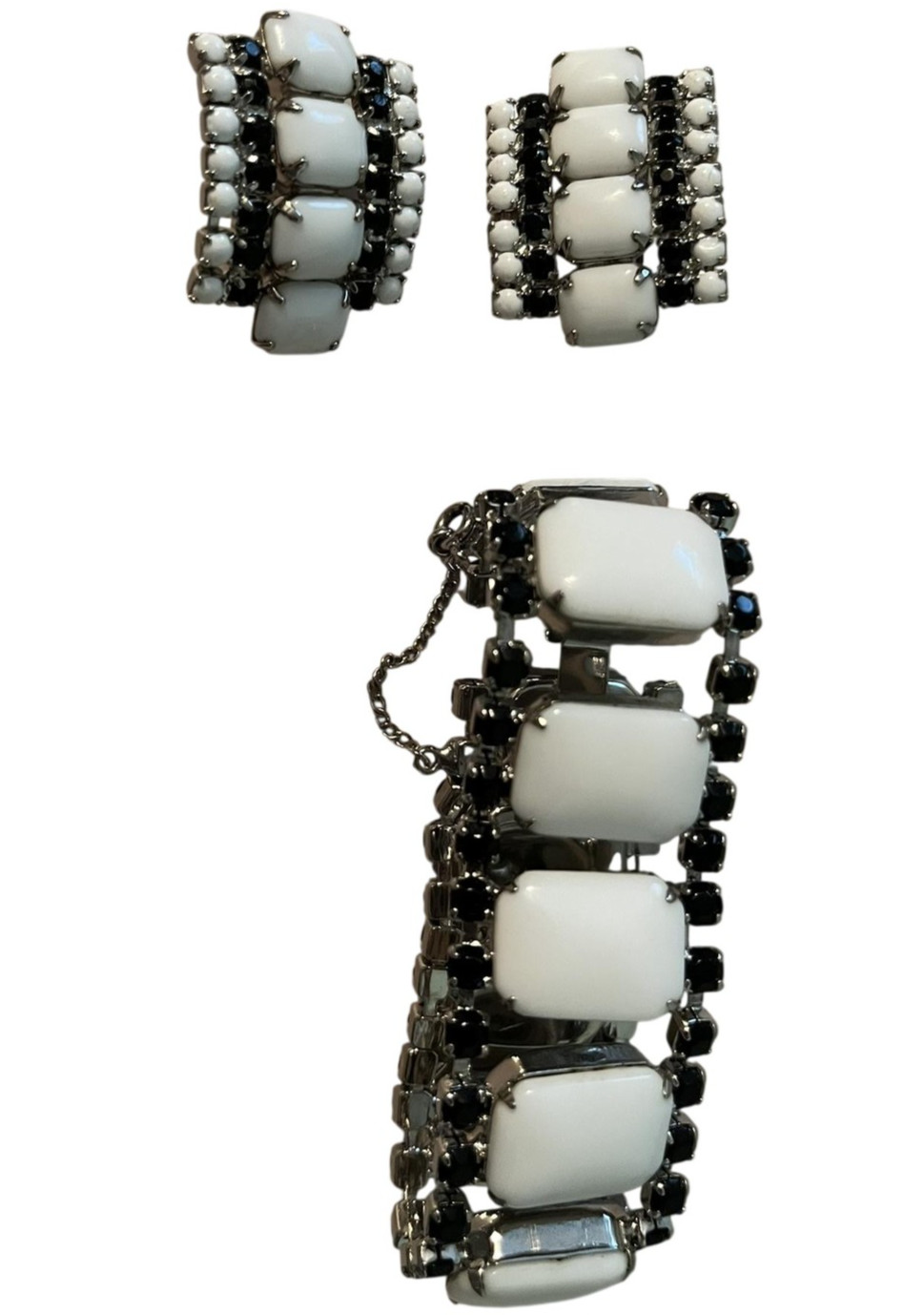 White Black Glass Rhinestone Bracelet Clip On Earrings Set Safety Chain Jewelry