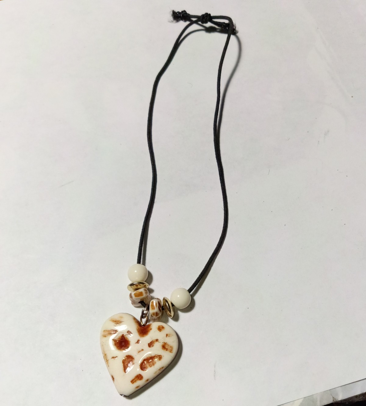 Heart Charm Pendant Necklace, Black Cord Chain with Beads, White Brown Love