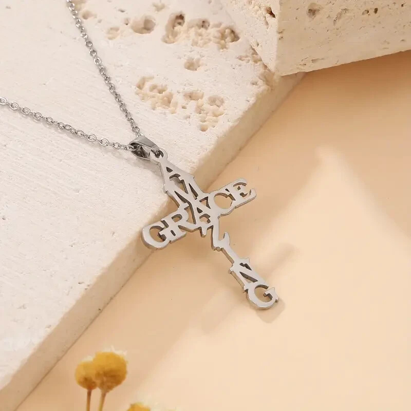 Stainless Steel Amazing Grace Cross Necklace – Silver, Christian Faith, Church