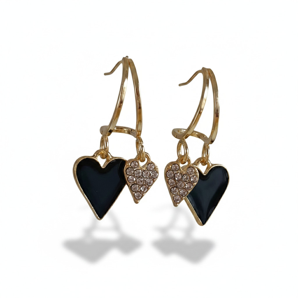 Gold Black Diamante Heart Drop Earrings Dangle Womens Stylish Fashion Jewellery