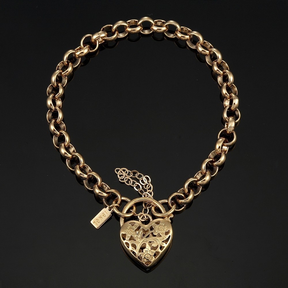 18K GL Solid Belcher Yellow Gold Bracelet & Filigree Heart Padlock