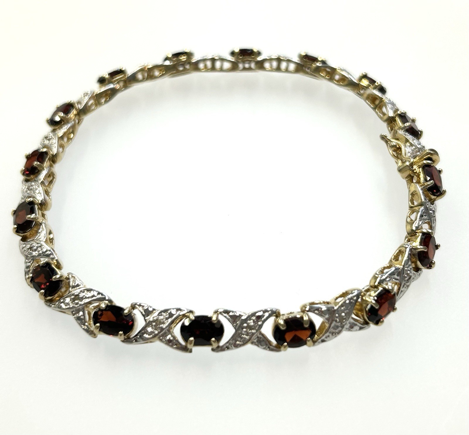 Vintage Sterling Silver Gold Toned X’s & O’s Bracelet With Red & Clear Stones
