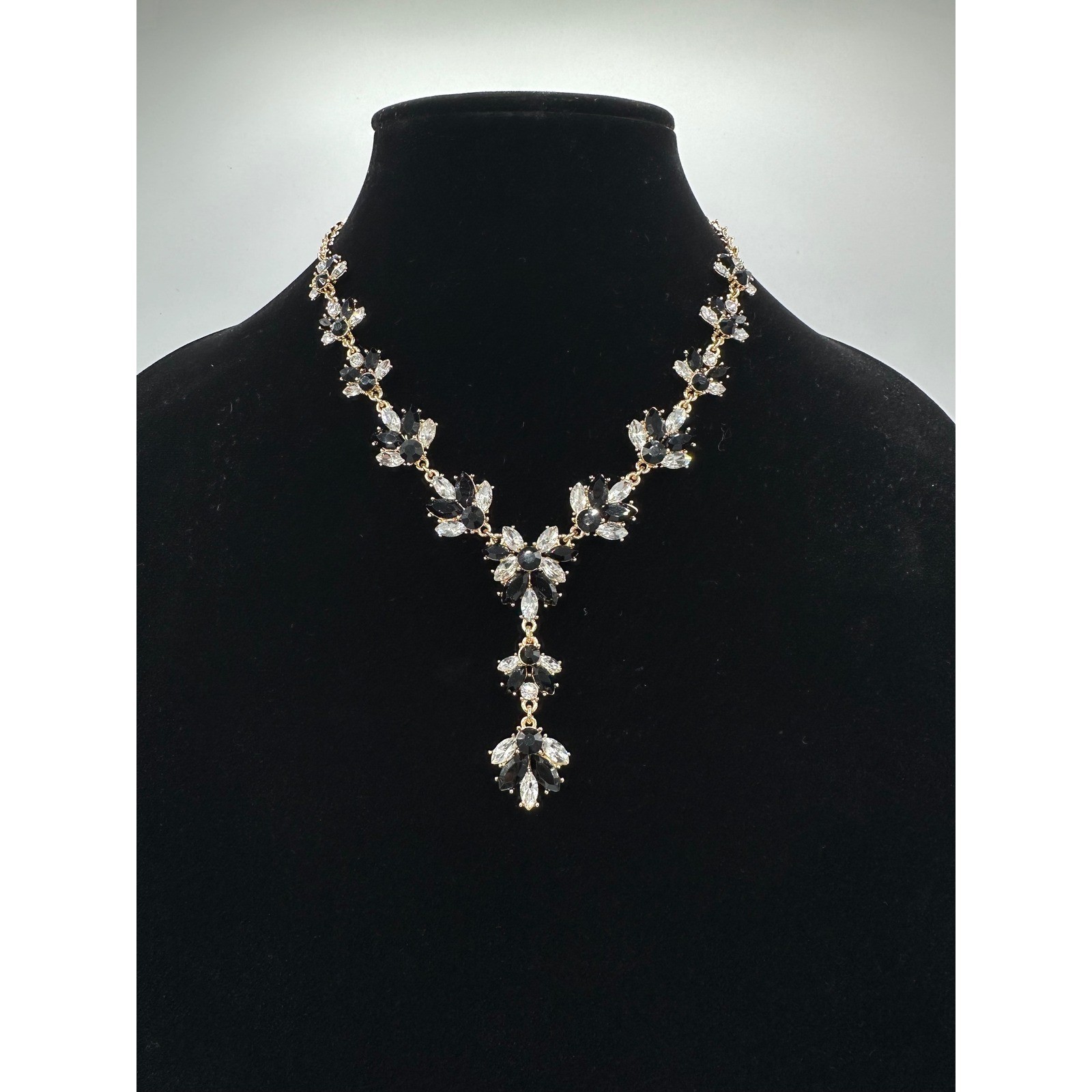 Charter Club Statement Necklace Women OS Black Gold Crystal New Y-Drop Floral