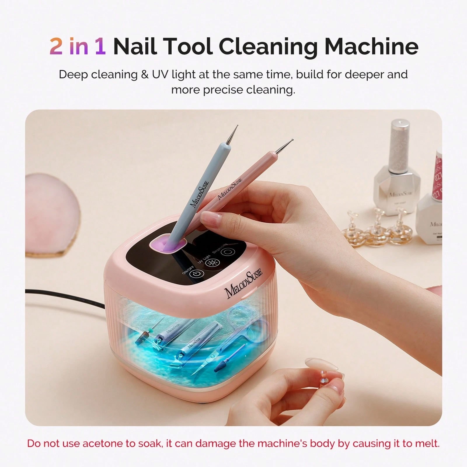 2-in-1 Ultrasonic Cleaner UV Light Jewelry Nail Tool Machine Pink
