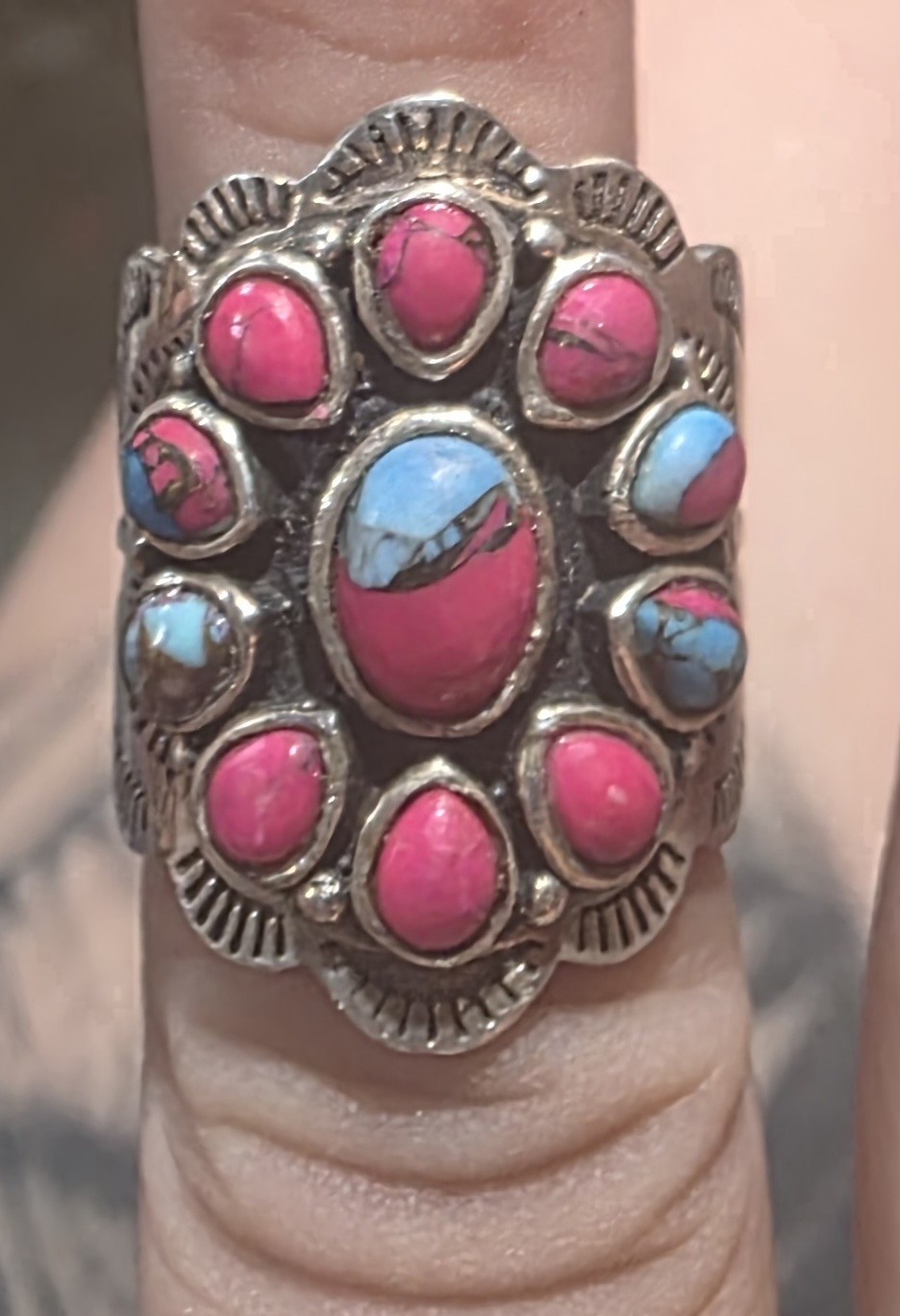 Silver Tone Oval Cotton Candy Turquoise Cluster Ring Size 5 Bezel Set
