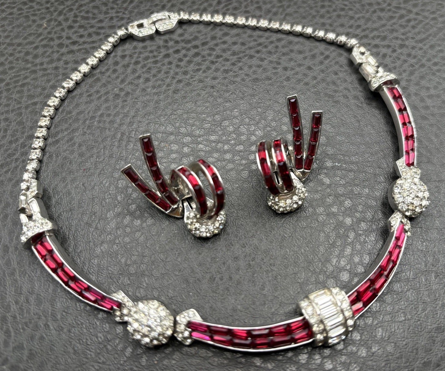 Vintage Boucher 3227 Red Baguette Rhinestone Necklace Clip On Earring Set