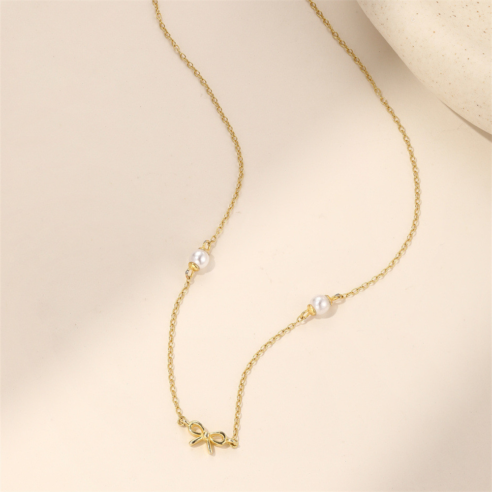 Gold Plated 925 Sterling Silver Faux Pearl Bow Pendant Necklace for Women