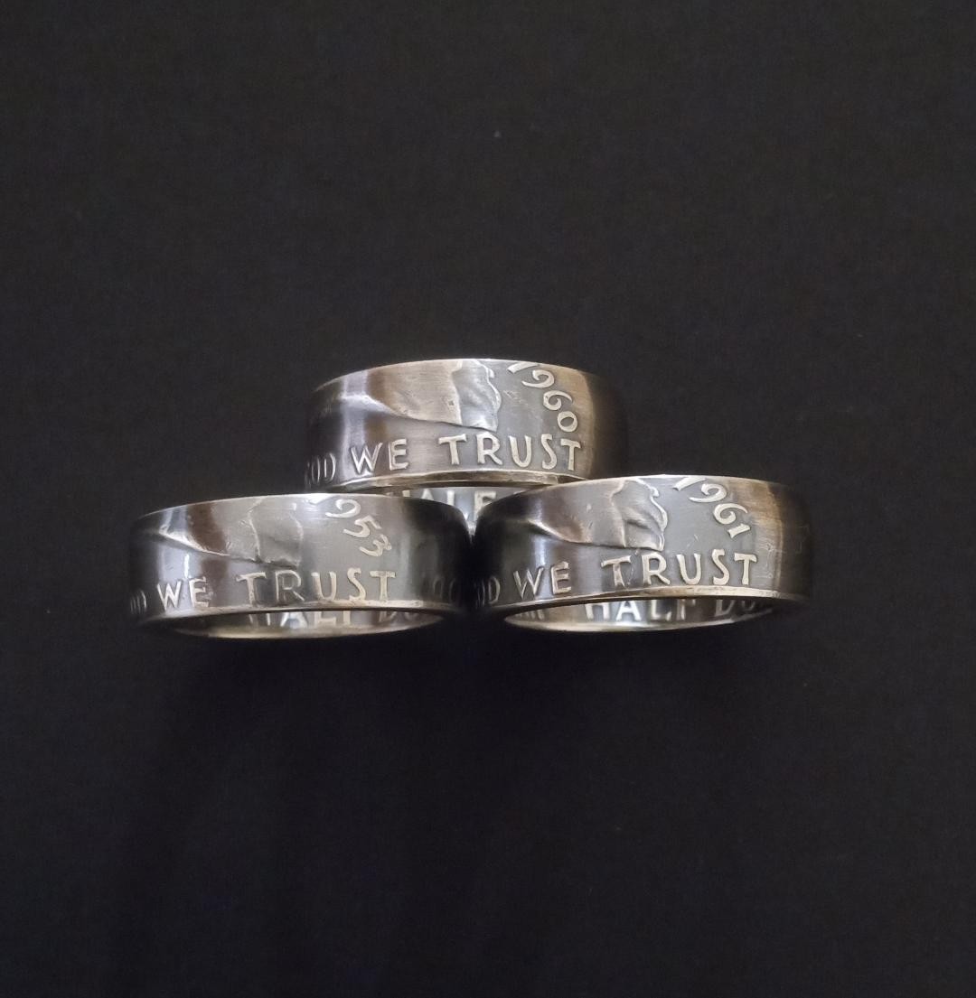 FRANKLIN HALF DOLLAR COIN RING. 90% SILVER. SIZES 9 TO 14. 1948 TO 1963