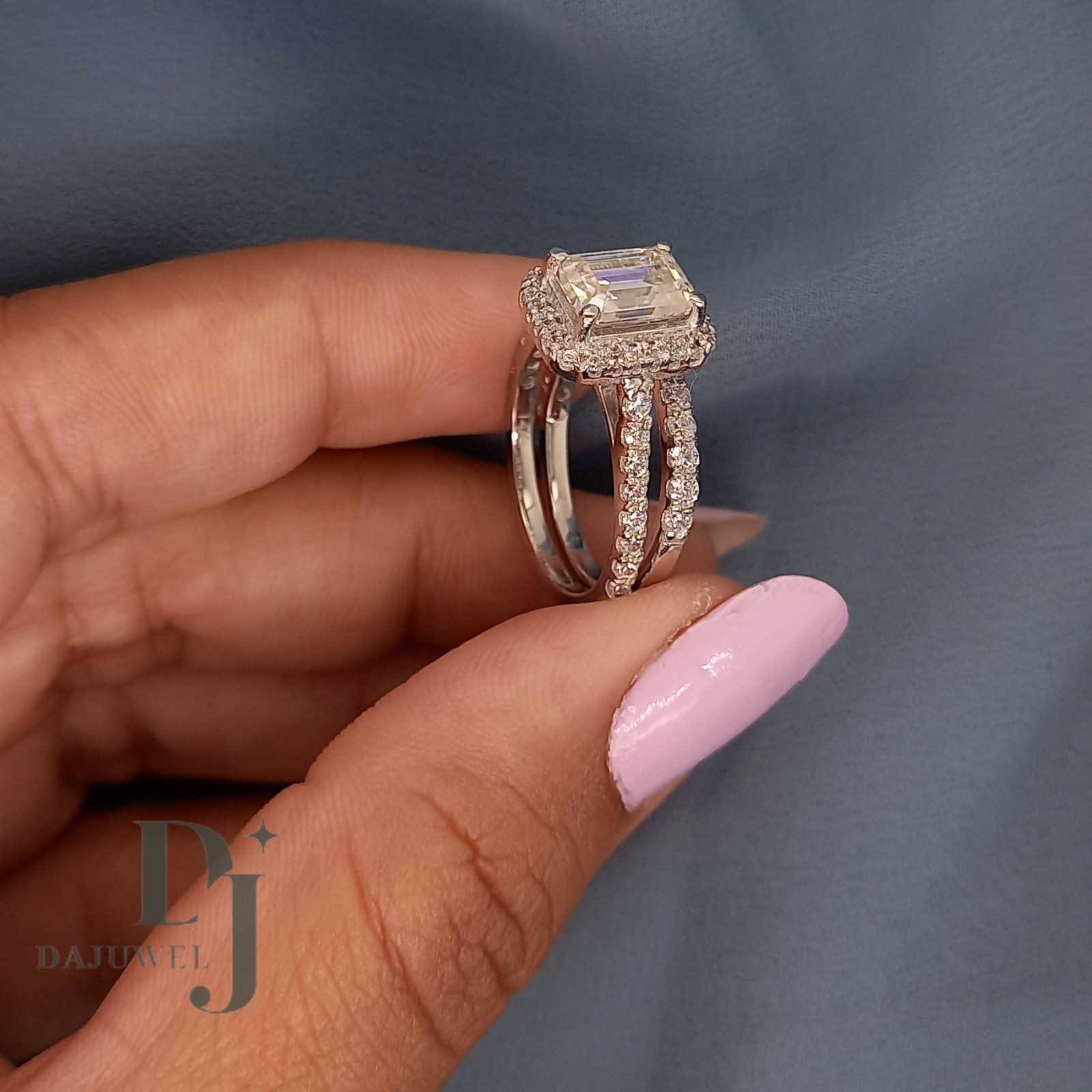 2.50 CT Emerald Cut Moissanite Bridal Set Engagement Ring Solid 14K White Gold