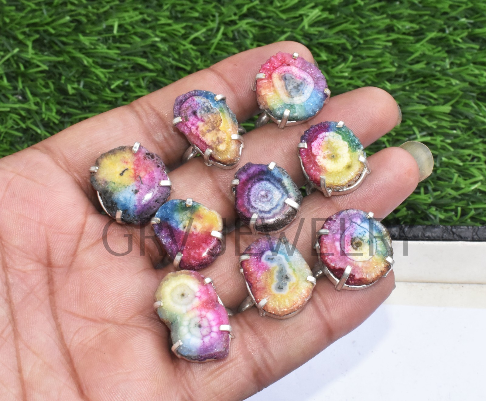 1-500 Pcs Natural Rainbow Solar Quartz In Rings Lot Bulk: Silver Plated Whr-70