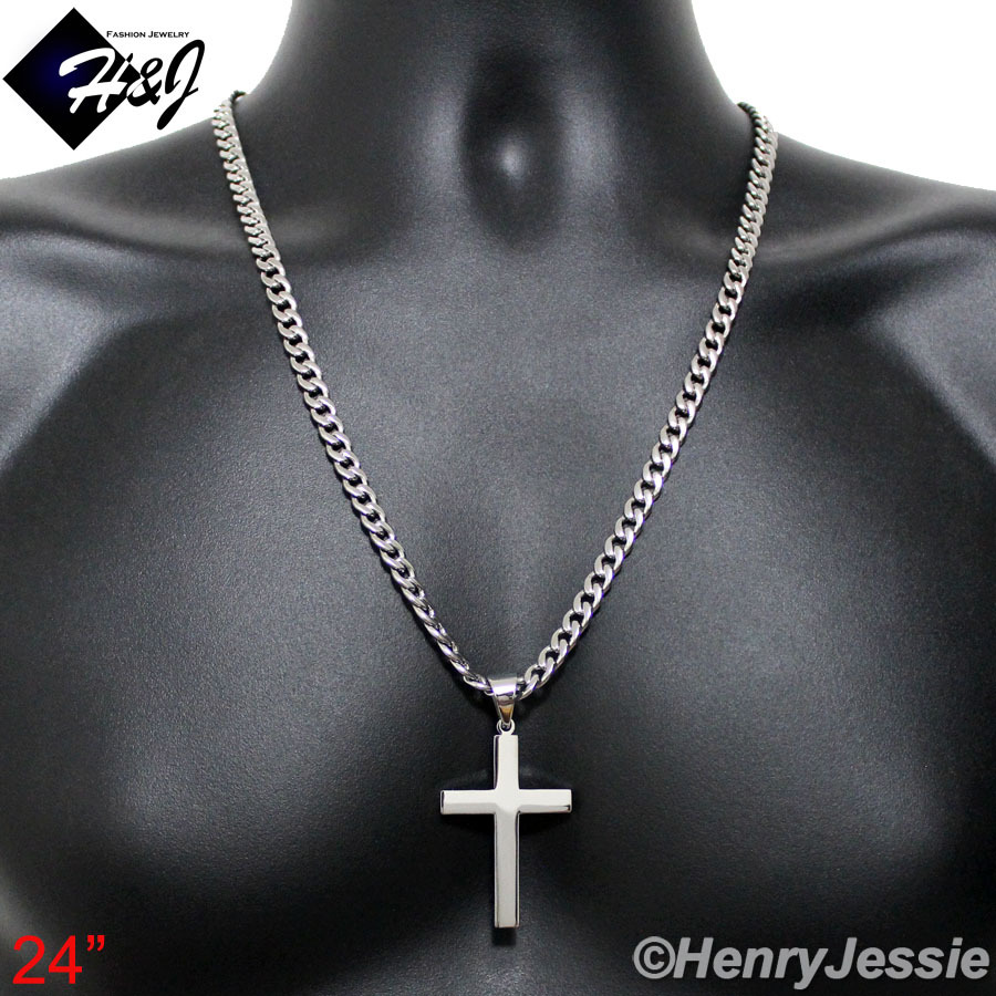 18-40″MEN Stainless Steel 7mm Silver Cuban Curb Necklace Plain Cross Pendant*P64