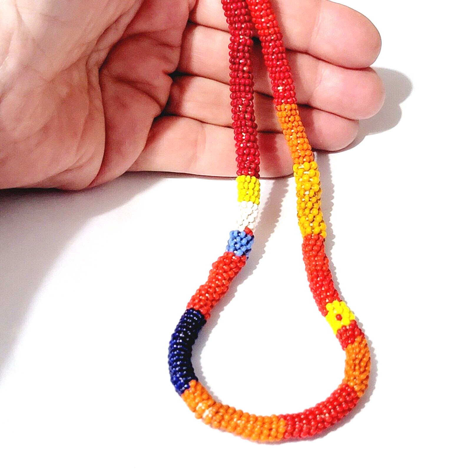 Vintage Tribal Necklace Hand Beaded Colorful Red Blue Yellow Orange 25″ rd01-27